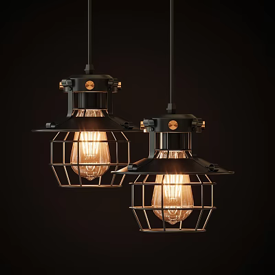 Two Industrial Style Black Metal Frame Pendant Lights With Vintage Bulbs On Dark Background 3d model