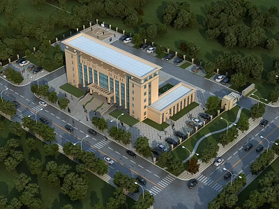 Aerial Planning of Administrative Building With Parking Lots Green Trees and Surrounding Roads 3d model