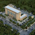 Aerial Planning of Administrative Building With Parking Lots Green Trees and Surrounding Roads