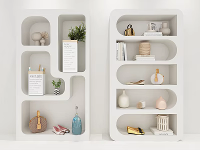 White Decorative Shelving Unit With Open Compartments And Decorative Items Plants Books Vases 3d model