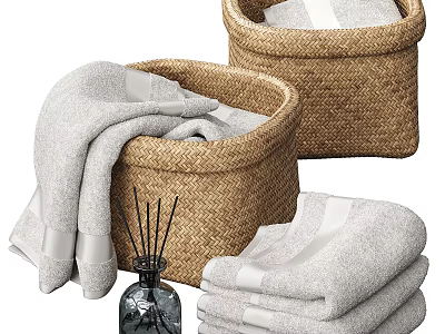 Soft White Towels In Wicker Storage Baskets With Aromatherapy Diffuser 3d model