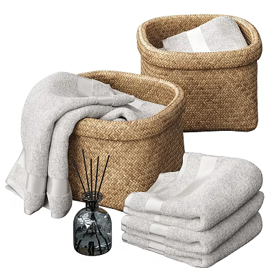Soft White Towels In Wicker Storage Baskets With Aromatherapy Diffuser 3d model