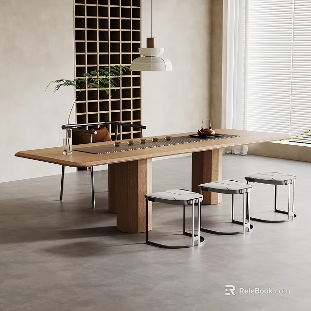 Modern Minimalist Tea Table Set with Solid Wood Tabletop Metal Frame Stools and Green Plant 3d model 