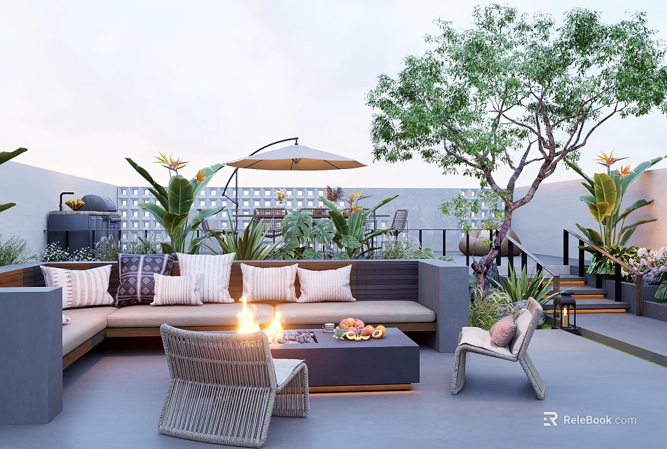 Modern Outdoor Garden Landscape With Sofa Fire Pit Plants Umbrella And Chairs 3d model 