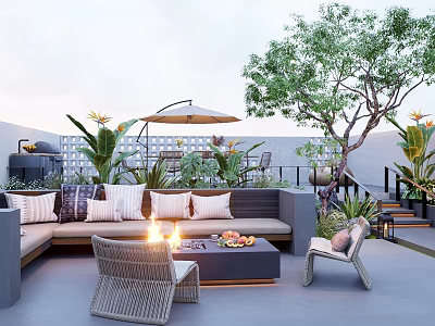 Modern Outdoor Garden Landscape With Sofa Fire Pit Plants Umbrella And Chairs 3d model