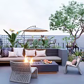 Modern Outdoor Garden Landscape With Sofa Fire Pit Plants Umbrella And Chairs