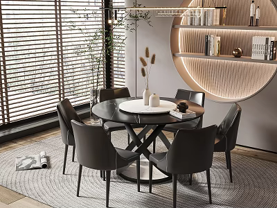 Modern Minimalist Dining Table Set With Round Black Tabletop And Six Leather Chairs 3d model