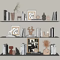 Modern Decorative Ornament Combination with Books Framed Art Vases and Abstract Figurines on Bookshelves