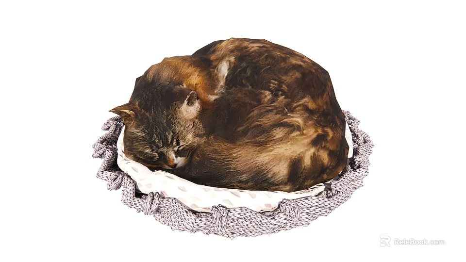 Brown Striped Reptile Curled Up In Gray Knitted Bed With White Cushion 3d model 
