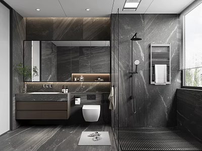 Modern Bathroom Interior Design With Dark Marble Walls Vanity Toilet And Shower Area 3d model