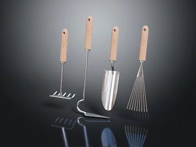 Stainless Steel Kitchen Utensils Set With Wooden Handles And Tools 3d model