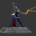 Two Blue Haired Characters In Action Poses With Purple Top Red Pants And Statue Base