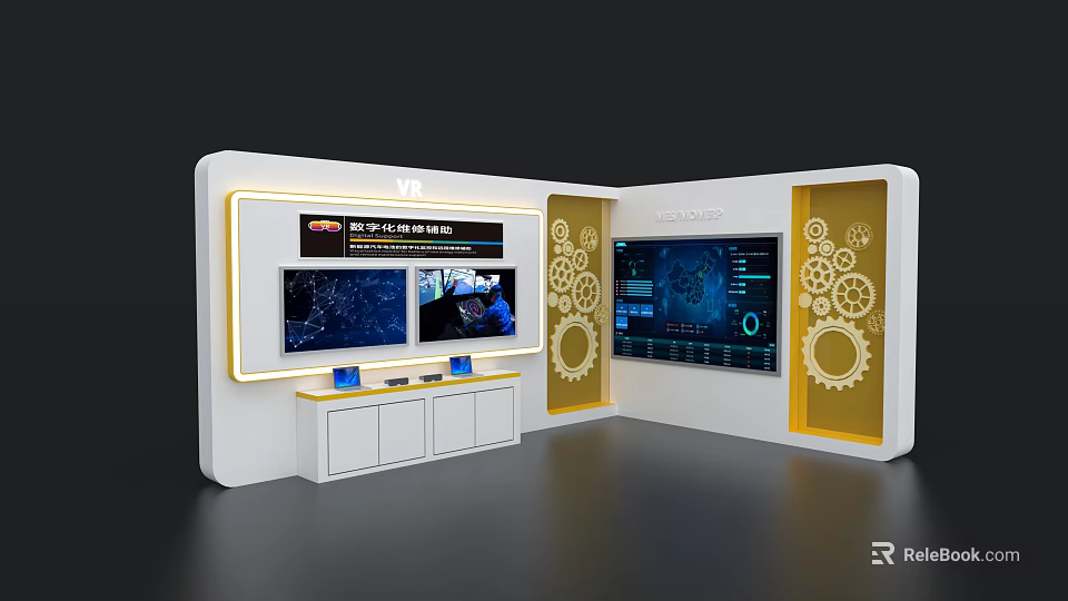 Modern Exhibition Island Design With Digital Screens Gear Decorations And White Yellow Counter 3d model 