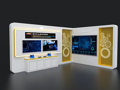 Modern Exhibition Island Design With Digital Screens Gear Decorations And White Yellow Counter 3d model