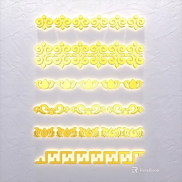 Decorative Yellow Carving Sculptures With Various Patterns Arranged On White Background 3d model 