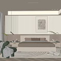 Modern Bedroom Interior With Upholstered Bed Abstract Wall Art Pendant Light And Green Plant