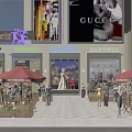 Bustling Commercial Street With Luxury Brand Stores Outdoor Seating And Shoppers