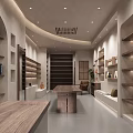 Modern Minimalist Mall Store Interior with Arched Walls Built in Shelves and Wooden Table