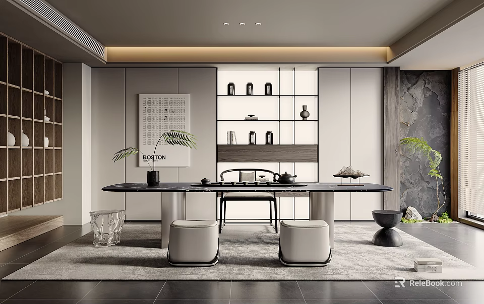 Modern Tea Room Interior With Wooden Table Display Shelves And Green Plants 3d model 