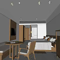 Hotel Room Interior With Wooden Furniture Bed Sofa Table Chair And Lamp