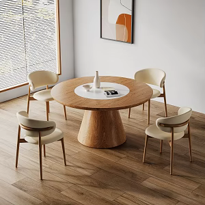 Solid Wood Round Dining Table and Chair Set New Chinese Dining Table Dining Chair Wall Decoration Hanging Painting 3d model