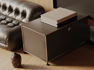 Side Table With Metal Frame Dark Top Books Next To Leather Sofa In Living Room 3d model
