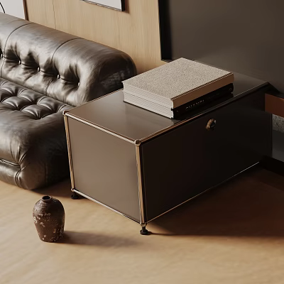 Side Table With Metal Frame Dark Top Books Next To Leather Sofa In Living Room 3d model