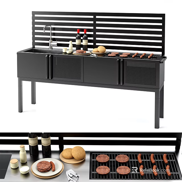 Modern Black Grill Stove With Grilled Sausages Buns Condiment Bottles And Grill Doors 3d model 