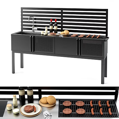 Modern Black Grill Stove With Grilled Sausages Buns Condiment Bottles And Grill Doors 3d model