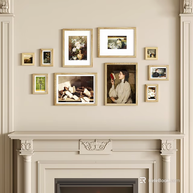 Photo Wall with Various Sized Frames and Artwork on Light Colored Wall Above Mantelpiece 3d model