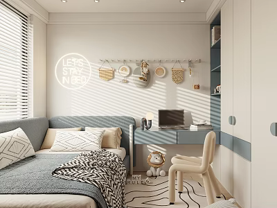 Cozy Modern Kids Room Interior With Sofa Bed Study Desk And Decorative Wall Art 3d model