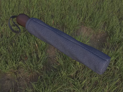 Folded Navy Umbrella With Textured Fabric And Wooden Handle On Green Grass 3d model