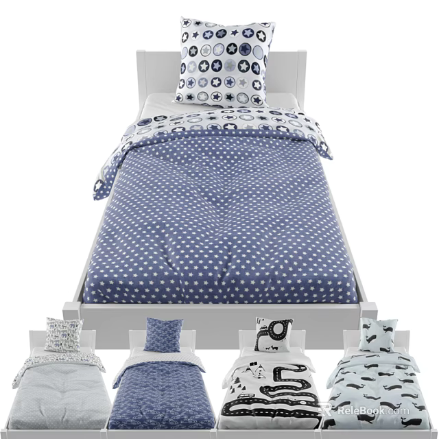 Single Bed With Blue Polka Dot Bed Sheet And Circle Pattern Pillows Displayed Bedding Sets 3d model