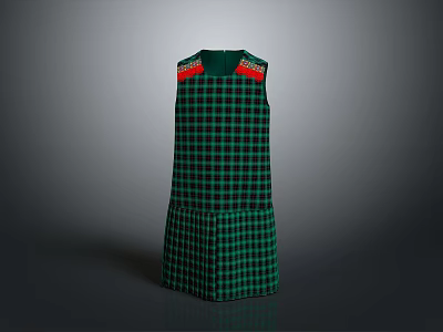 Fashionable Green Plaid Sleeveless Dress with Red Shoulder Accents and Pleated Hem 3d model