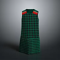 Fashionable Green Plaid Sleeveless Dress with Red Shoulder Accents and Pleated Hem