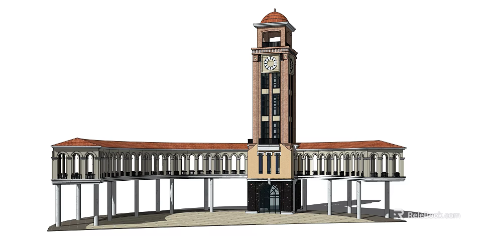 Elegant Classical Colonnade With Red Roof Clock Tower And Arched Openings 3d model 