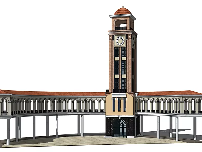 Elegant Classical Colonnade With Red Roof Clock Tower And Arched Openings 3d model