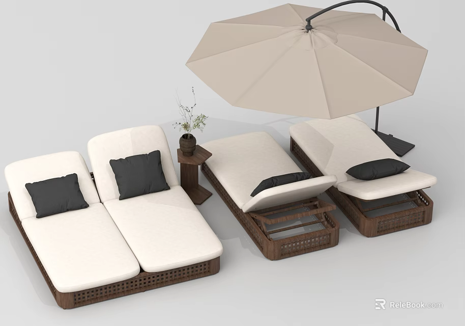 Outdoor Wicker Lounge Chairs With White Cushions Umbrella Side Table And Plant 3d model 