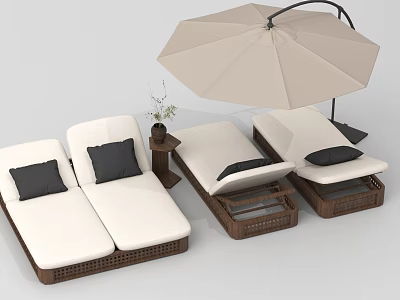 Outdoor Wicker Lounge Chairs With White Cushions Umbrella Side Table And Plant 3d model