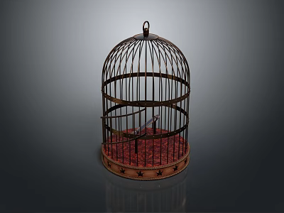 Decorative Birdcage Ornament Set With Small Bird Red Mat And Star Accents 3d model