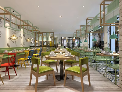 Bright Restaurant Interior With Colorful Chairs Wooden Tables Dishes And Pendant Lights 3d model