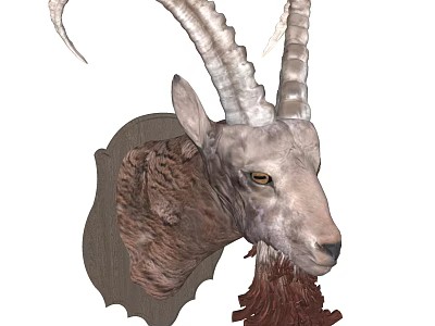 Realistic Goat Head Animal Wall Decor with Rustic Wooden Base and Natural Horns 3d model