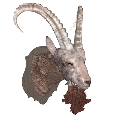 Realistic Goat Head Animal Wall Decor with Rustic Wooden Base and Natural Horns 3d model