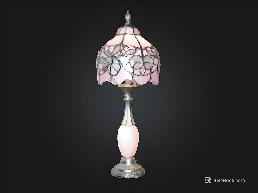 Vintage Stained Glass Table Lamp With Pink Purple Floral Shade And Silver Base 3d model 