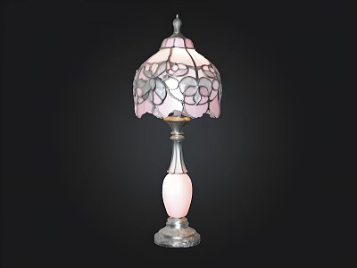 Vintage Stained Glass Table Lamp With Pink Purple Floral Shade And Silver Base 3d model