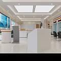 Modern Service Hall Interior With Reception Desk Yellow Sofa Large Windows And Information Board