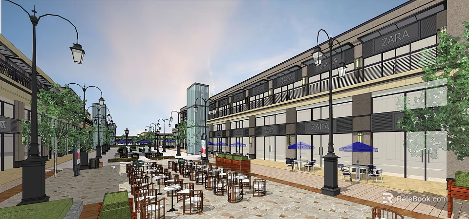Vibrant Commercial Street With Outdoor Seating Blue Umbrellas Street Lamps And Stone Pavement 3d model 