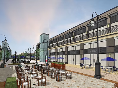 Vibrant Commercial Street With Outdoor Seating Blue Umbrellas Street Lamps And Stone Pavement 3d model