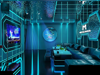 Modern KTV Lounge Interior With Blue Neon Lighting And Leather Sofas 3d model
