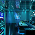 Modern KTV Lounge Interior With Blue Neon Lighting And Leather Sofas 3d model